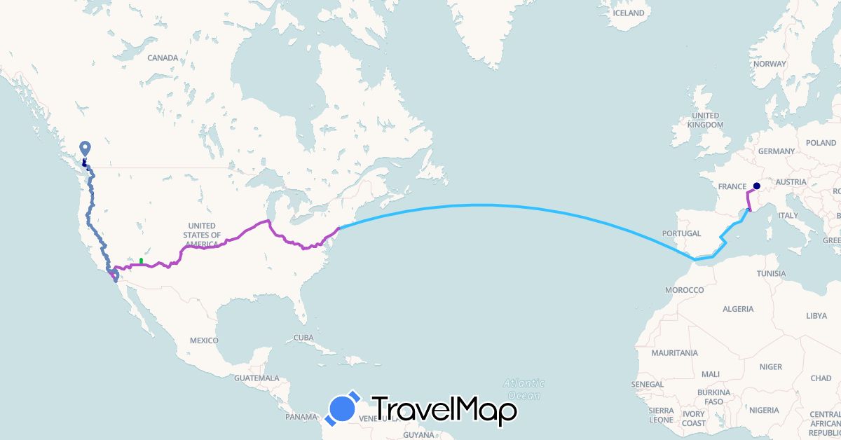 TravelMap itinerary: driving, bus, cycling, train, boat in Canada, Switzerland, Spain, France, Gibraltar, United States (Europe, North America)
